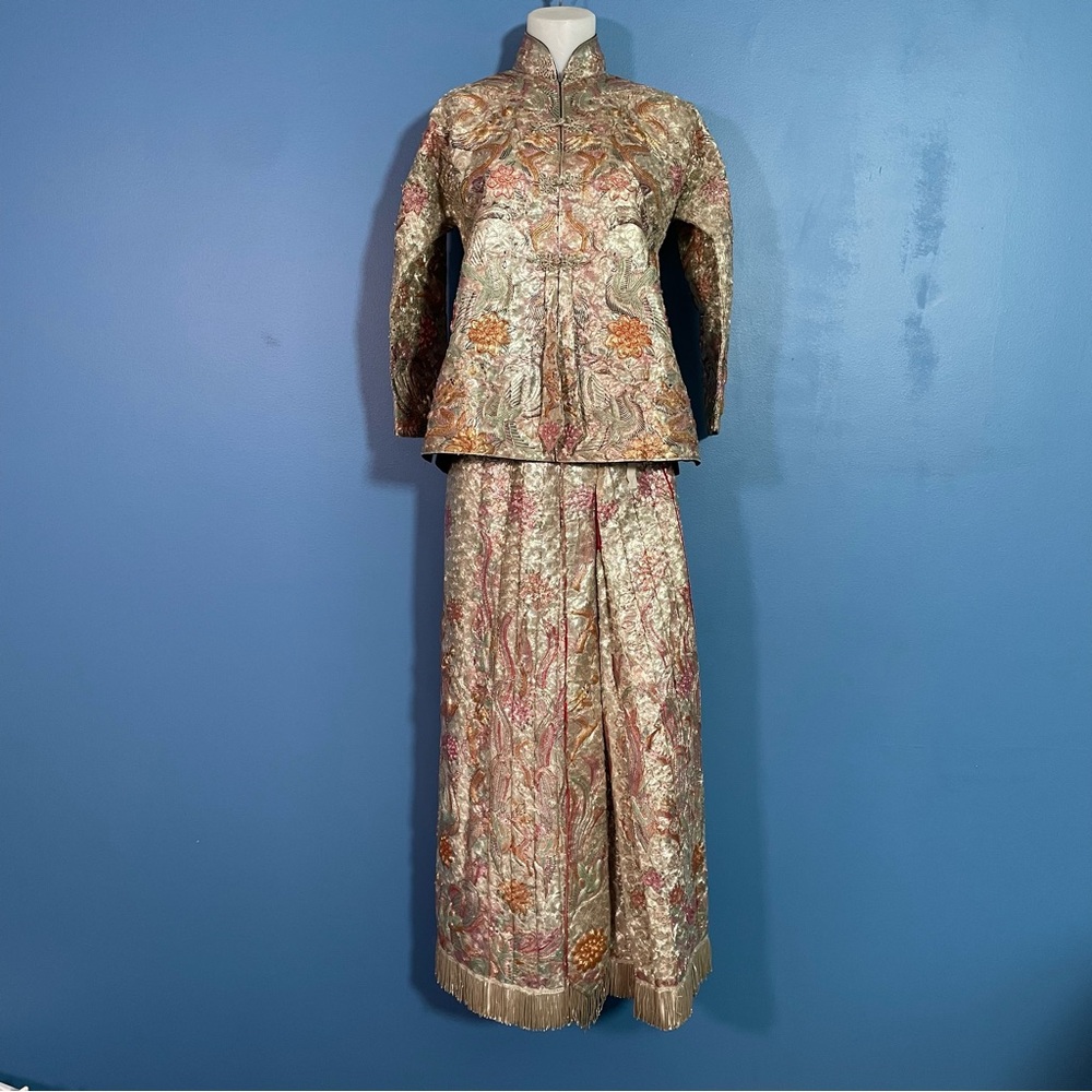 Ornate Embroidered Skirt Set in Pink and Gold - Antique Qun Kwa